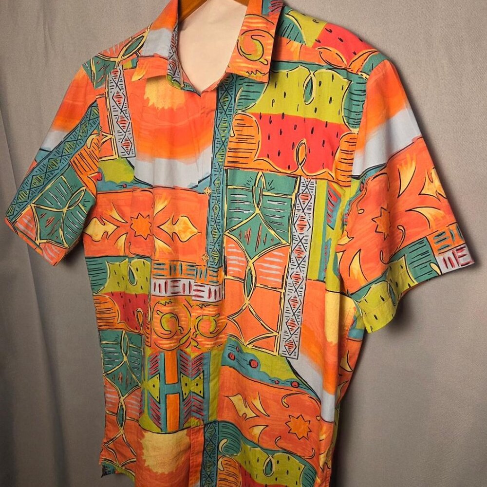 Territory Ahead L Multicolor Abstract Print Cotton Shirt Camp AOP Retro EUC